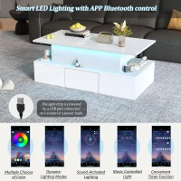 Sleek Lift-Top Coffee Table with Hydraulic Lift and App-Controlled LED Lighting, Versatile Center Table with Hidden Storage, 39.5" L x 19.5" W x 15.5" H, White(m-6)