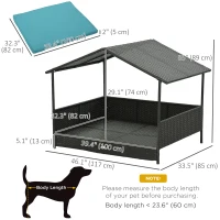 PawHut Rattan Dog House with Canopy, Wicker Dog Bed with Water-Resistant Cushion, for Small and Medium Breeds Blue(m-3)