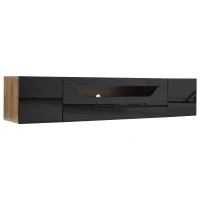 Wall-Mounted TV Cabinet with High-Gloss Front, 3-Tier Storage TV Stand with Fold-Down Flap Door, 65" L x 14.5" W x 14" H, Black+Natural(m-14)