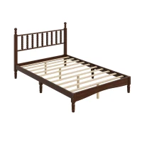 Full Size Wood Platform Bed with Retro Gourd-Shaped Headboard & Wooden Slat, Solid Bed Frame for Eclectic Decors, 79'' L x 57'' W x 45'' H, Walnut(m-7)