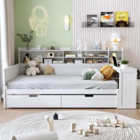 Full Size Daybed with 2 Large Drawers and Built-In Study Desk, Space-Saving Guest Bed with Side Storage Shelves, 91.5'' L x 65'' W x 45'' H, Antique White(m-1)