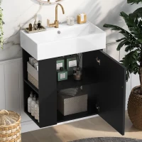 Modern Floating Bathroom Vanity with Ceramic Basin and Side Storage, Cabinet with Rose Golden Handle, 21.5" L x 12" W x 26.5" H, Black(m-9)