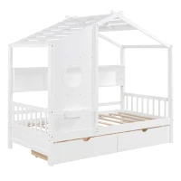 Kids Twin Size House Bed with 2 Storage Drawers and Rear Shelf, House-Style Kids Bed Frame with Plywood and MDF, 78'' L x 42.5'' W x 72'' H, White(m-10)