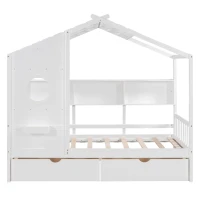 Kids Twin Size House Bed with 2 Storage Drawers and Rear Shelf, House-Style Kids Bed Frame with Plywood and MDF, 78'' L x 42.5'' W x 72'' H, White(m-2)