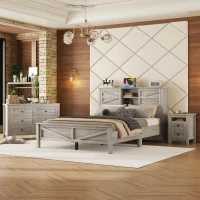 3-Piece Queen Bedroom Set with Sliding Door Storage Headboard, Rustic Platform Bed Set with Built-In Socket, 88.5'' L X 62.5'' W X 40.5" H, Antique Gray(m-1)
