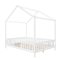 Full-Size Montessori Floor Bed with Canopy and Sturdy Pine, House-Style Platform Bed for Kids' Rooms, 78.5'' L x 56.5'' W x 78'' H, White(m-11)