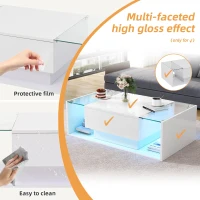 High-Gloss Coffee Table with Tempered Glass Storage, Compact Center Table with Semi-Open Shelf, 39.5″ L x 19.5″ W x 12″ H, White(m-5)