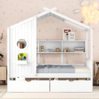 Full Size House Bed with Playful Pitched-Roof and Back Shelf, Wooden House Bed Frame with Sturdy Pine, 78'' L x 58'' W x 72'' H, White(m-4)
