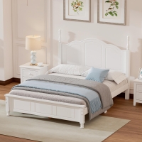 Full Size Wood Platform Bed with Wood-Finished Headboard, Retro-Style Bed Frame for Modern Condos, 80'' L x 56'' W x 43.5'' H, White