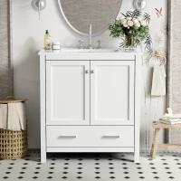 30" Bathroom Vanity with Single Sink, Solid Wood Frame, Multifunctional Storage Cabinet with Soft-Close Doors, 30" L x 18.5" W x 34" H, White(m-9)