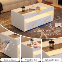 High-Gloss Coffee Table with App-Controlled RGB LED Strip, Spacious Center Table with Open Double-Layer Storage, 39.5" L x 19.5" W x 15.5" H, White(m-4)