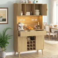 High Bar Cabinet with Smart LED Lighting (App & Music-Sync), Spacious Storage Cabinet with 9-Bottle Wine Rack, 42" L x 12" W x 72" H, Natural(m-1)