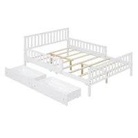 Full Size Wood Platform Bed with 2 Under-Bed Storage Drawers, Solid Bed Frame with Guardrails on Both Sides, 77.5'' L x 57.5'' W x 34.5'' H, White(m-7)