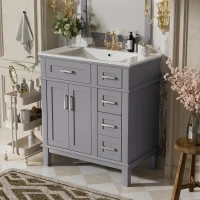 Free-Standing Bathroom Vanity with Ceramic Undermount/Drop-In Sink, Modern Storage Cabinet for Small Condos, 30'' L x 18'' W x 34'' H, Grey(m-1)