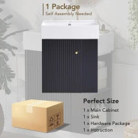Modern Floating Bathroom Vanity with Ceramic Basin and Right Side Storage, Cabinet with Gold Handle, 21.5" L x 12" W x 26.5" H, Black+White(m-8)