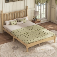 Full Size Wood Platform Bed with Gourd-Shaped Headboard, Solid Bed Frame for Eclectic Bedrooms, 79'' L x 57'' W x 45'' H, Natural
