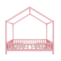 Montessori Full-Size House-Shaped Bed with Lightweight Polyester Canopy, Soft Pink Platform Bed for Child’s Room, 78.5'' L x 56.5'' W x 78'' H, Pink(m-2)