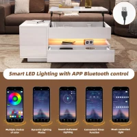 Height-Adjustable Coffee Table with App-Controlled RGB LED Lighting, Modern Center Table with Hidden Storage, 37.5" L x 19.5" W x 15.5" H, White(m-7)