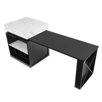 Modern Bar Table with 4-in-1 Extendable Pull-Out Table and Lockable Wheels, Kitchen Island with Adjustable Shelf, 82.5" L x 32.5" W x 28" H, Black(m-15)