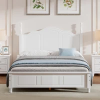 Full Size Wood Platform Bed with Wood-Finished Headboard, Retro-Style Bed Frame for Modern Condos, 80'' L x 56'' W x 43.5'' H, White(m-4)