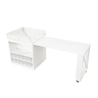 Modern Bar Table with 4-in-1 Extendable Pull-Out Table and Lockable Wheels, Kitchen Island with Adjustable Shelf, 82.5" L x 32.5" W x 28" H, White(m-14)