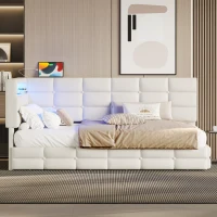 Upholstered Twin-Size Daybed with 2 Drawers and Charging Station, Multi-Functional Guest Bed with Storage Headboard, 77.5'' L x 39'' W x 35'' H, Beige(m-6)