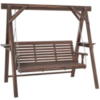 Outsunny 3 Seat Wooden Porch Swing with Stand, Patio Swing with Side Tables, for Garden, Poolside, Backyard, Carbonized Brown(m-2)