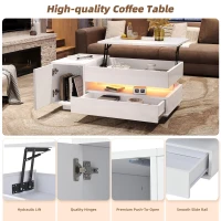 Height-Adjustable Coffee Table with App-Controlled RGB LED Lighting, Modern Center Table with Hidden Storage, 37.5" L x 19.5" W x 15.5" H, White(m-5)