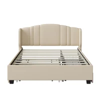 Upholstered Queen Platform Bed with Wingback Headboard and 2 Storage Drawers, Multi-Functional Bed Frame with Wood Slat, 86'' L x 65'' W x 43'' H, Beige(m-2)