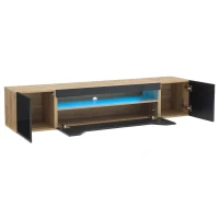 Wall-Mounted TV Cabinet with High-Gloss Front, 3-Tier Storage TV Stand with Fold-Down Flap Door, 65" L x 14.5" W x 14" H, Black+Natural(m-13)
