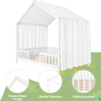 Full-Size Montessori Floor Bed with Canopy and Sturdy Pine, House-Style Platform Bed for Kids' Rooms, 78.5'' L x 56.5'' W x 78'' H, White(m-6)