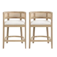 Rattan Upholstered Arm Counter Stools with U‑shaped backrest, Kitchen Island Stools with Foam Seat, 21'' L x 21'' W x 33.5'' H, Beige+Natural Ash(m-2)
