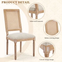 Set of 2 Dining Chairs with Rectangular Cane Backrest and Fluted Legs, Vintage Dining Seating with Rubberwood Frame, 20'' L x 22'' W x 39.5'' H, Beige(m-5)