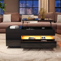 Height-Adjustable Coffee Table with App-Controlled RGB LED Lighting, Modern Center Table with Hidden Storage, 37.5" L x 19.5" W x 15.5" H, Black(m-1)