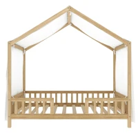 Twin House-Style Toddler Bed with Full Guardrails and DIY Canopy Frame, Montessori Floor Bed with Canopy, 78.5'' L x 41.5'' W x 78'' H, Natural(m-9)