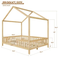 Full-Size Montessori Floor Bed with High Guard Railings, Natural Finish Bed Frame for Kid-Friendly Room, 78.5'' L x 56.5'' W x 78'' H, Natural(m-3)