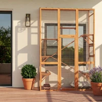 PawHut Outdoor Catio Cat Enclosure, Large Wooden Cat House with 6 Jumping Platforms, Scratching Post, 2 Ramps, for 2-3 Kittens(m-9)