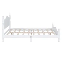 Queen Size Wood Platform Bed with Retro Headboard and 10 Slats, White Wood-Finished Bed Frame with Plywood, 85'' L x 62.5'' W x 39.5'' H, White(m-10)