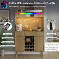 High Bar Cabinet with Smart LED Lighting (App & Music-Sync), Spacious Storage Cabinet with 9-Bottle Wine Rack, 42" L x 12" W x 72" H, Natural(m-4)