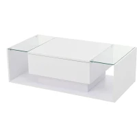 High-Gloss Coffee Table with Tempered Glass Storage, Compact Center Table with Semi-Open Shelf, 39.5″ L x 19.5″ W x 12″ H, White(m-12)