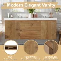 Double Sink Bathroom Vanity with Spacious Under-Sink Storage, Wall-Mounted Floating Cabinet with SMC Top, 59.5'' L x 20'' W x 25.5'' H, Wood(m-8)