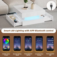 Lift-Top Coffee Table with App-Controlled LED Lighting and Liftable Top, Compact Center Table with 2 Drawers, 25.5" L x 25.5" W x 15" H, White(m-4)