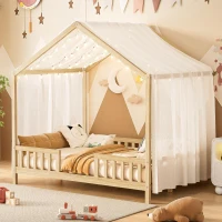 Full-Size Montessori Floor Bed with High Guard Railings, Natural Finish Bed Frame for Kid-Friendly Room, 78.5'' L x 56.5'' W x 78'' H, Natural(m-1)