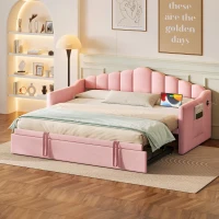 Twin-Size Upholstered Daybed with Height-Adjustable Pop-Up Trundle, Space-Saving Trundle Bed with 2 Side Pockets, 82.5'' L x 41'' W x 40'' H, Pink(m-1)