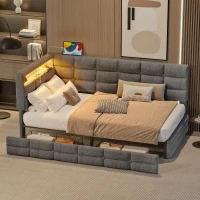 Upholstered Twin Daybed with 2 Drawers and Built-In Charging Station, Multi-Functional Guest Bed with Storage Headboard, 77.5'' L x 39'' W x 35'' H, Gray(m-1)