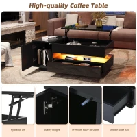 Height-Adjustable Coffee Table with App-Controlled RGB LED Lighting, Modern Center Table with Hidden Storage, 37.5" L x 19.5" W x 15.5" H, Black(m-4)