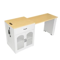 Practical Bar Table with Extendable Rolling Foldable Top, Solid Kitchen Island with Double-Sided Drawers, 82.5" L x 27.5" W x 38.5" H, White+Natural(m-11)