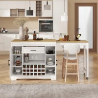 Expandable Bar Table with Adjustable Shelves and Rear Casters, Versatile Kitchen Counter with 2 Doors, 87.5″ L x 19.5″ W x 36″ H, White+Natural(m-9)