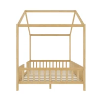 Full-Size Montessori Floor Bed with High Guard Railings, Natural Finish Bed Frame for Kid-Friendly Room, 78.5'' L x 56.5'' W x 78'' H, Natural(m-12)