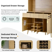 High Bar Cabinet with Smart LED Lighting (App & Music-Sync), Spacious Storage Cabinet with 9-Bottle Wine Rack, 42" L x 12" W x 72" H, Natural(m-6)